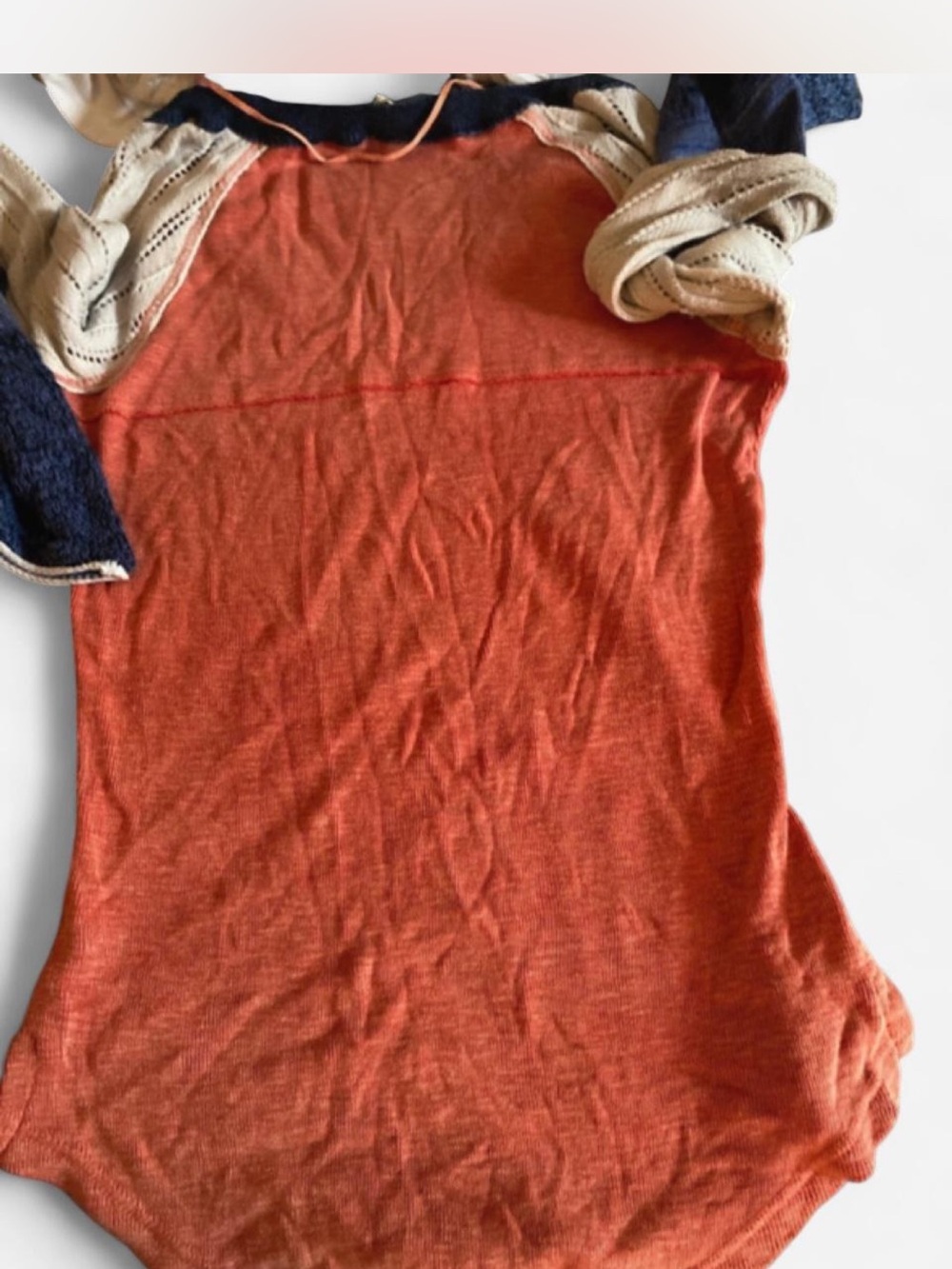 We The Free Navy Trim Rust-Red Top with Knit Detail - Picture 2 of 6